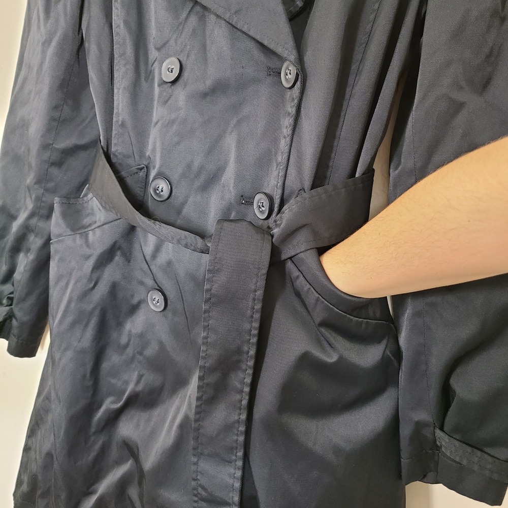 DKNY Black Trench Rain Coat S Lined Belted Pleated Casual Streetwear Fleur Noire - Picture 5 of 15
